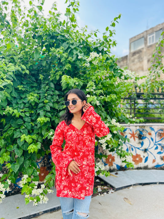 Tamato Red Balloon Sleeve Straight Kurti