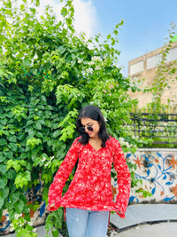 Tomato Red Balloon Sleeve Straight Kurti