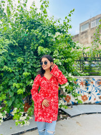 Tomato Red Balloon Sleeve Straight Kurti