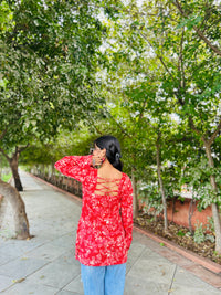 Tomato Red Balloon Sleeve Straight Kurti