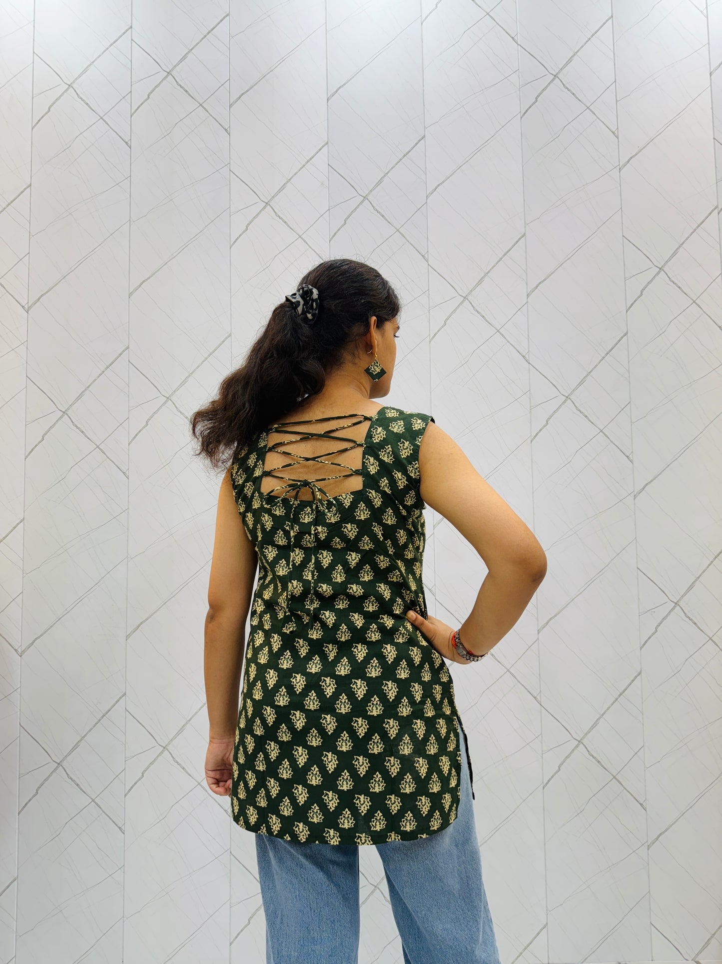 Dark Olive Sleeveless Short Kurti With Back Dori