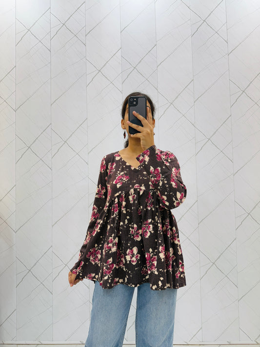 Floral Brown  Peplum Top