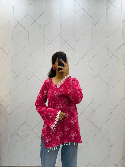 Floral Magenta Balloon Sleeve Kurti