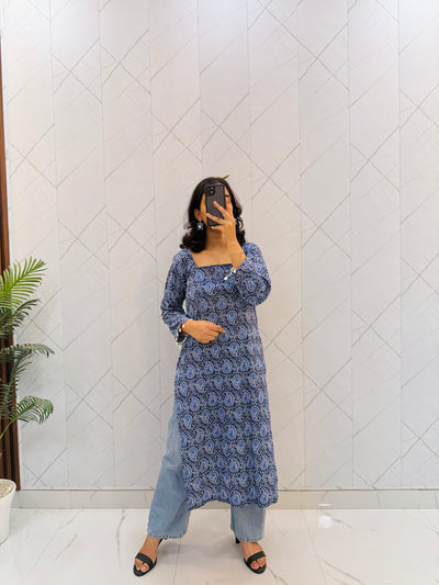 Block Print Blue Long Side Cut Kurti