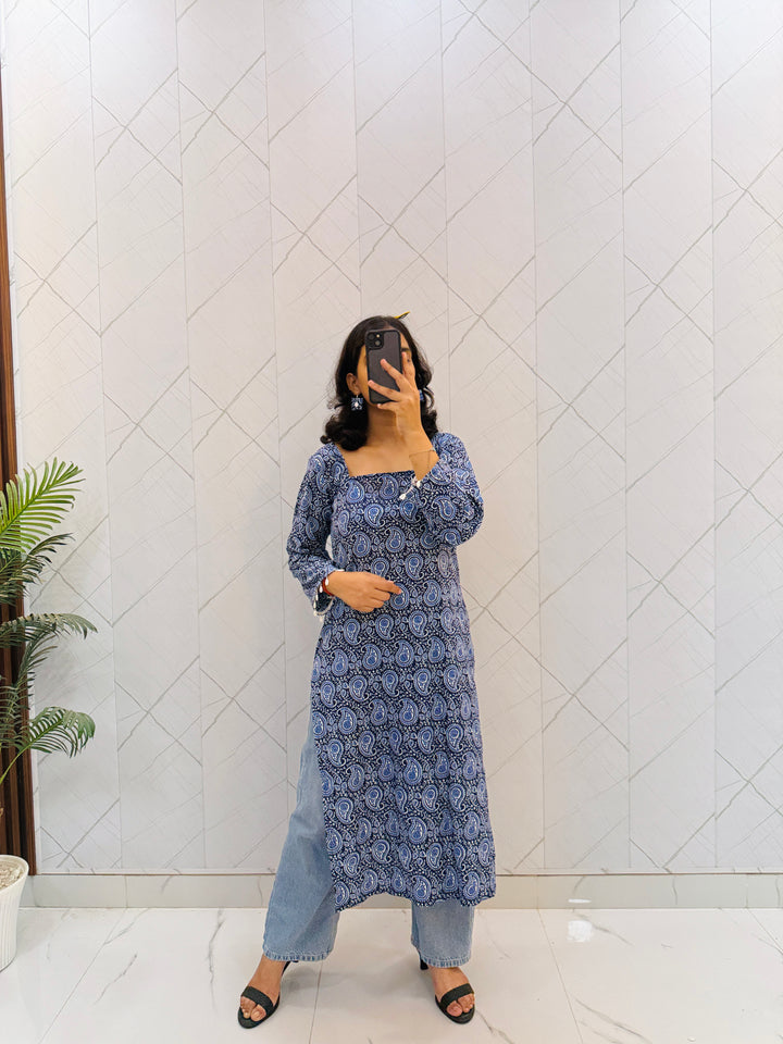 Block Print Blue Long Side Cut Kurti