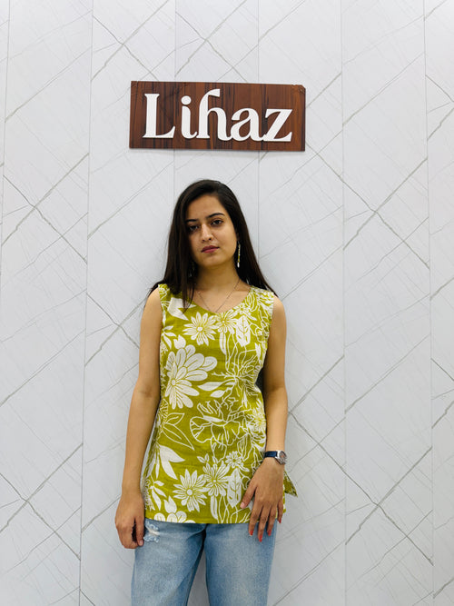 Floral Olive Sleeveless Kurti