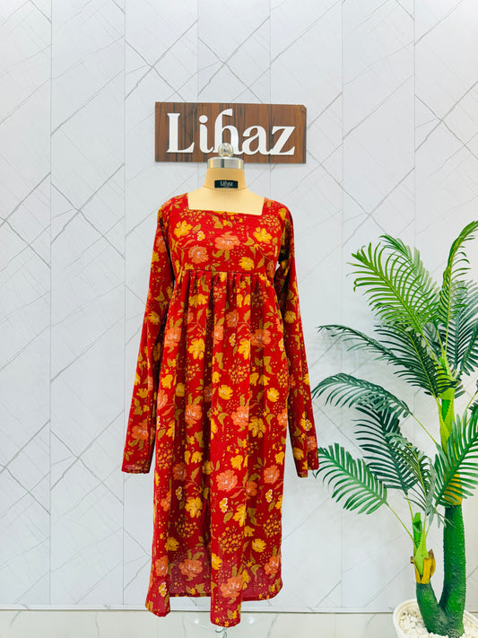Floral Red Long Length Kurti