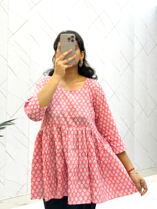 Kantha Pink Quarter Sleeve Peplum Top