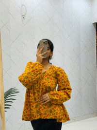Yellow Back Dori Puff sleeves Peplum Top