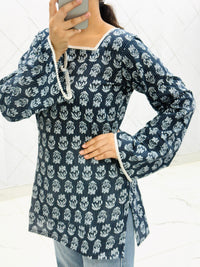 Kantha Navy Blue Balloon Sleeve Straight Kurti