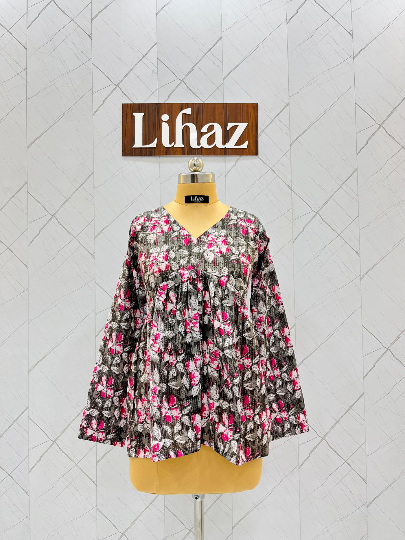 Black Magenta Floral Peplum Top