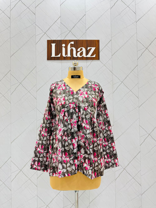 Black Magenta Floral Peplum Top