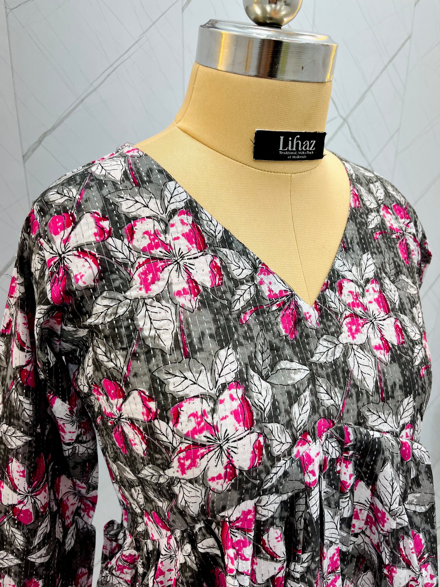 Black Magenta Floral Peplum Top