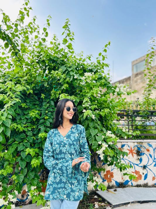 Teal Green Balloon Sleeve Straight Kurti