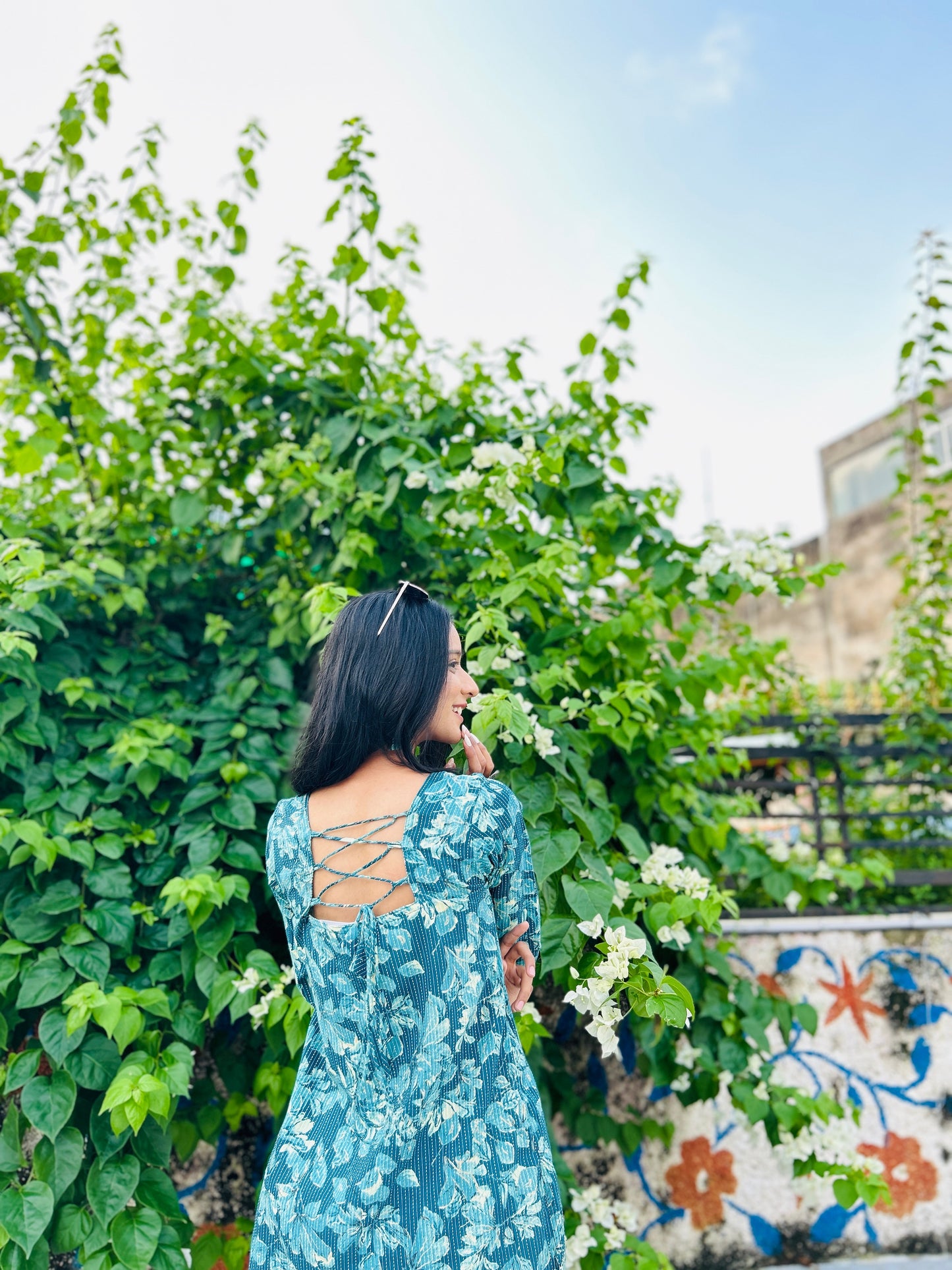 Teal Green Balloon Sleeve Straight Kurti
