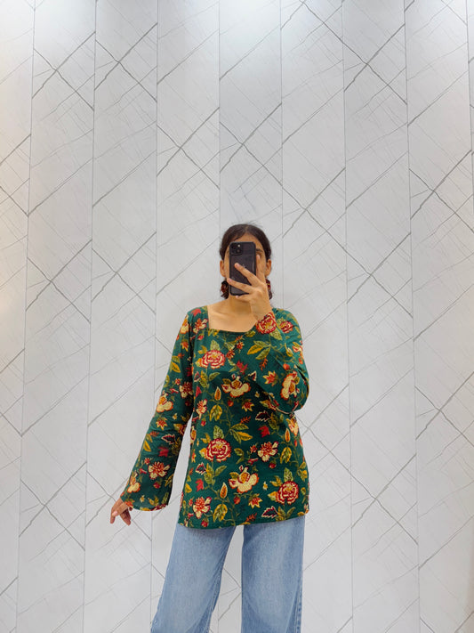 Dark Green Floral Balloon Sleeve Kurti