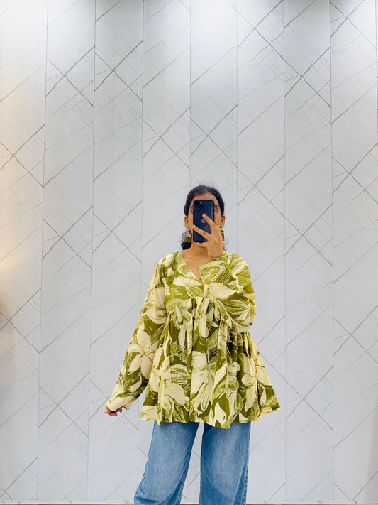 Moss Green Printed  Peplum Top