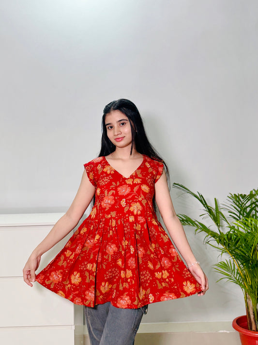 Frills Red Cut Sleeves Peplum Top