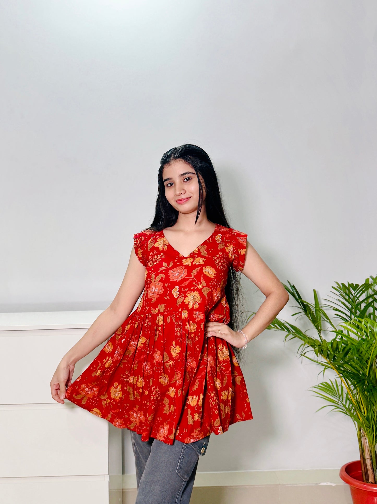 Frills Red Cut Sleeves Peplum Top