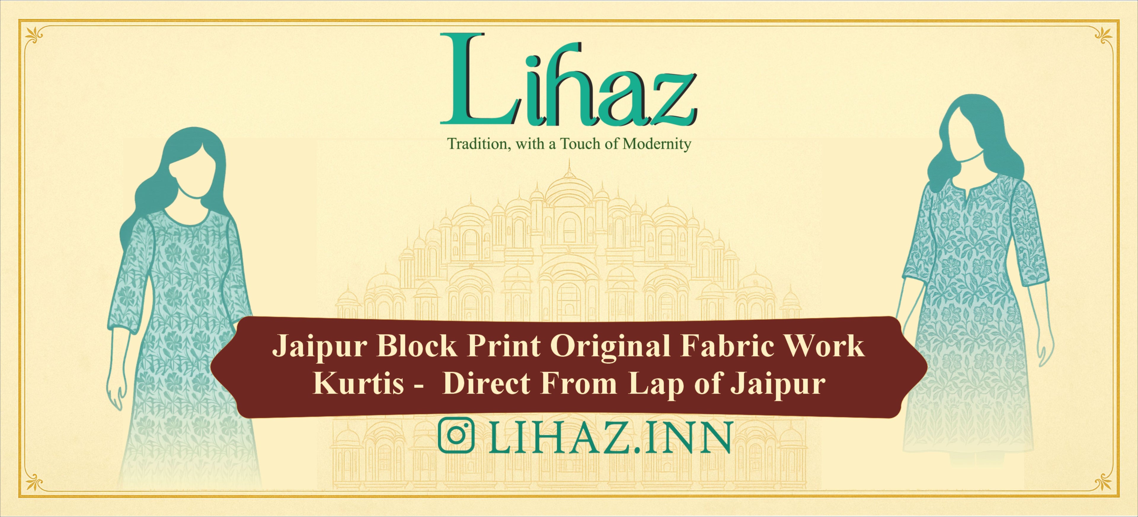 Advertisement for Lihaz with text about Jaipur Block Print Original Fabric Work and brand logo.